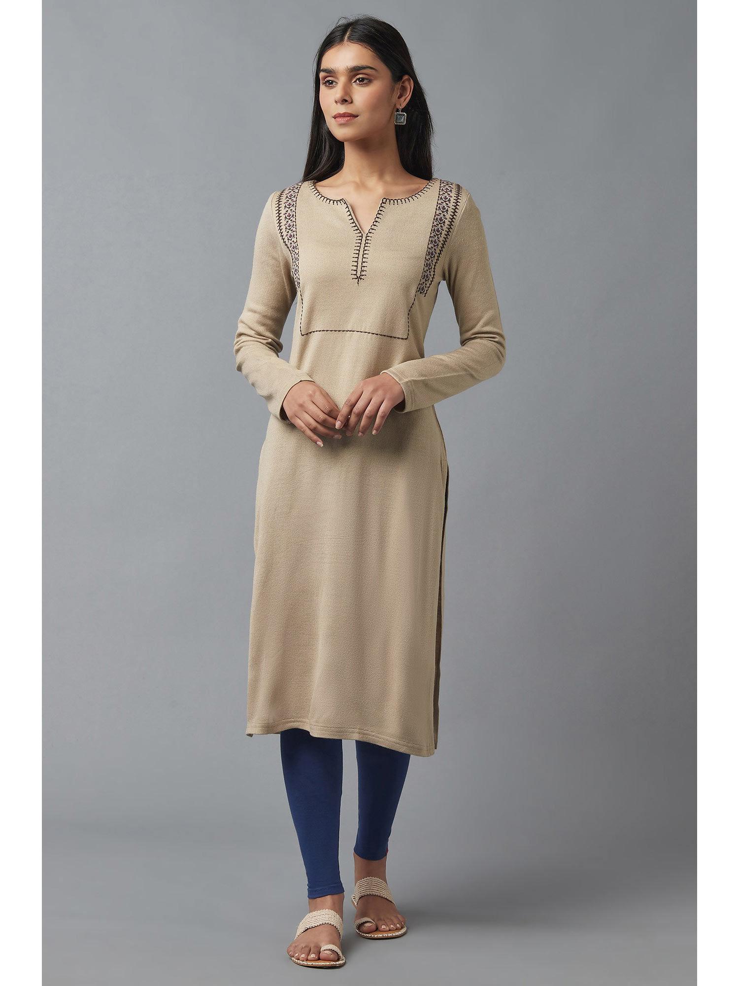 beige woven winter kurta