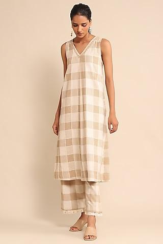 beige yarn dyed cotton checkered kurta set