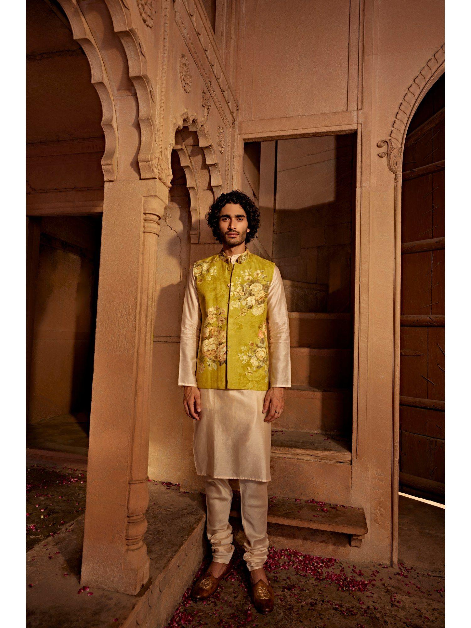 beige yavi kurta with churidar and nehru jacket (set of 3)