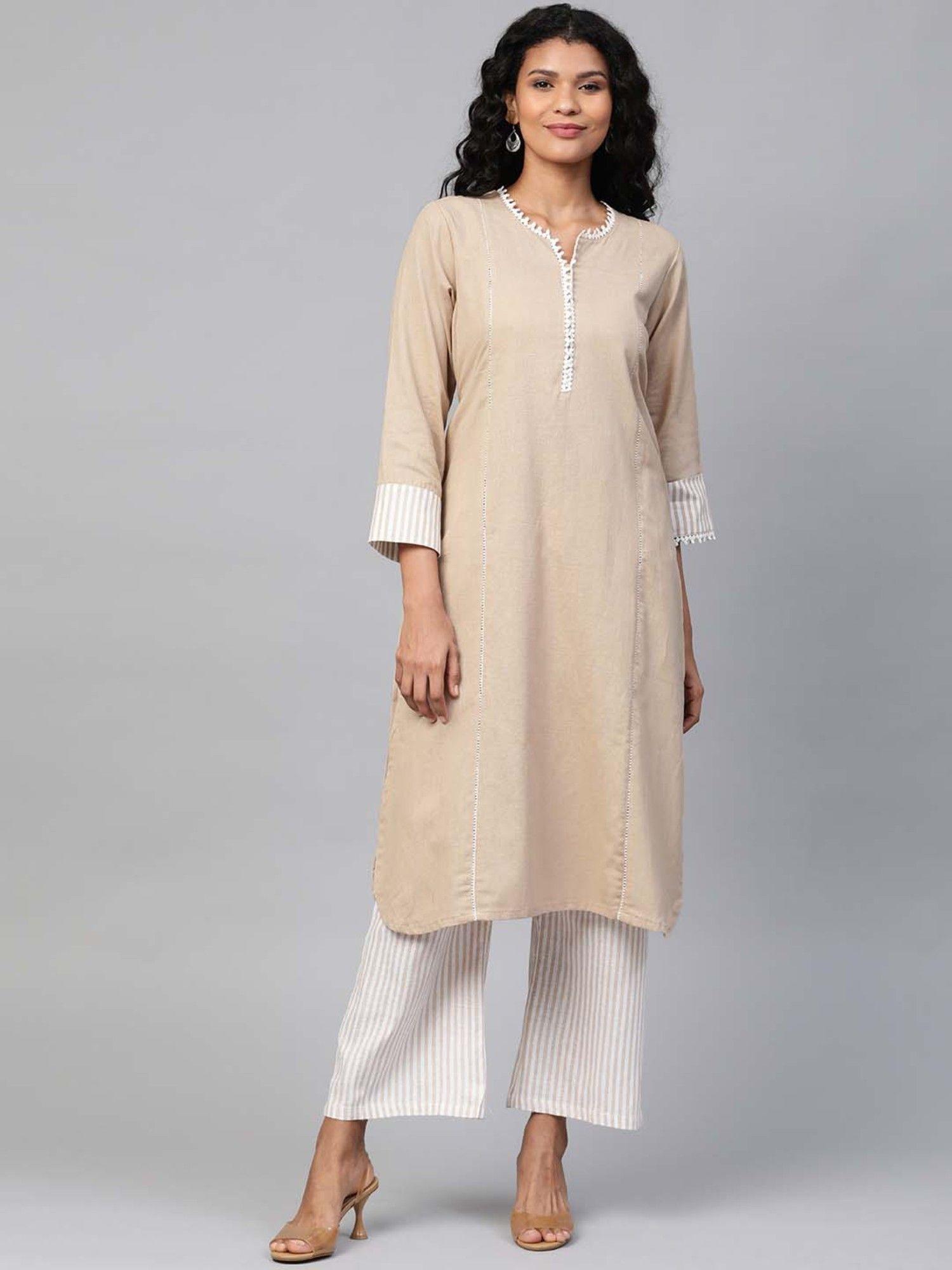 beige yoke design straight kurta