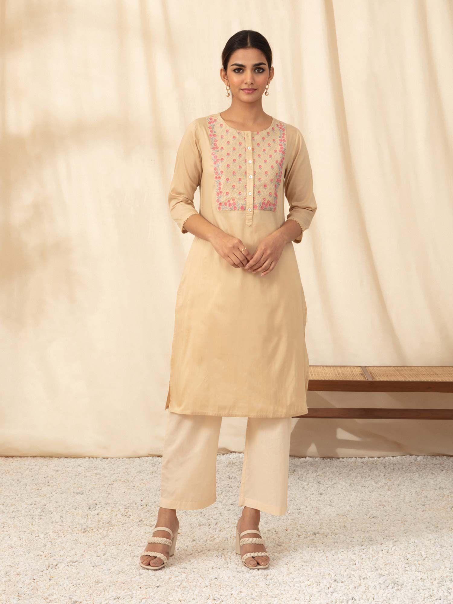 beige yoke embroidered aline kurta likkur89