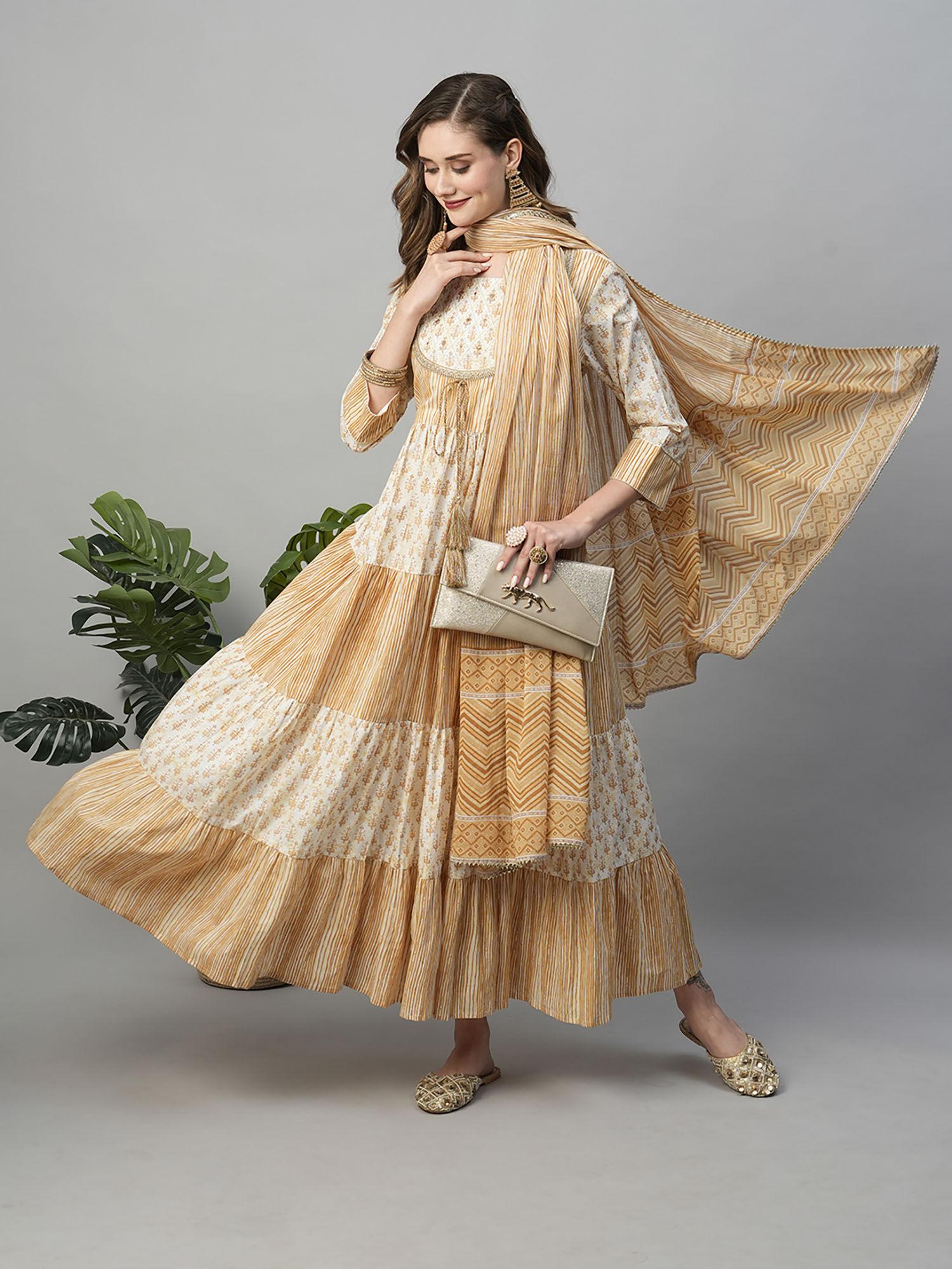 beige yoke embroidered pure cotton floor length dress with mulmul dupatta (set of 2)