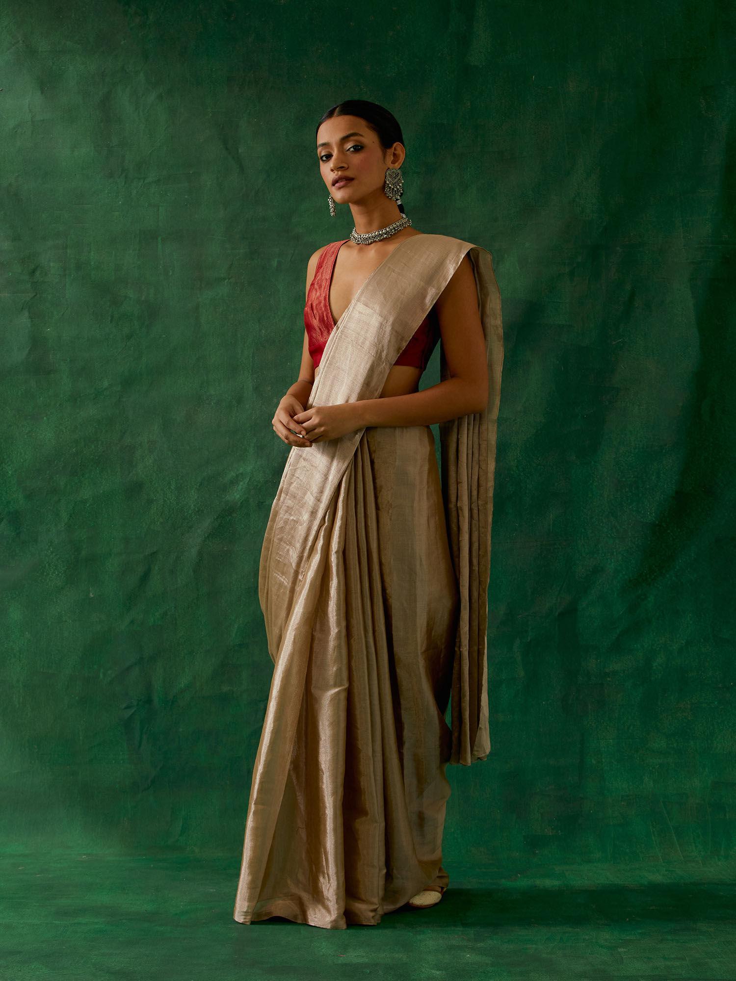 beige zari silk saree with chanderi stitched blouse