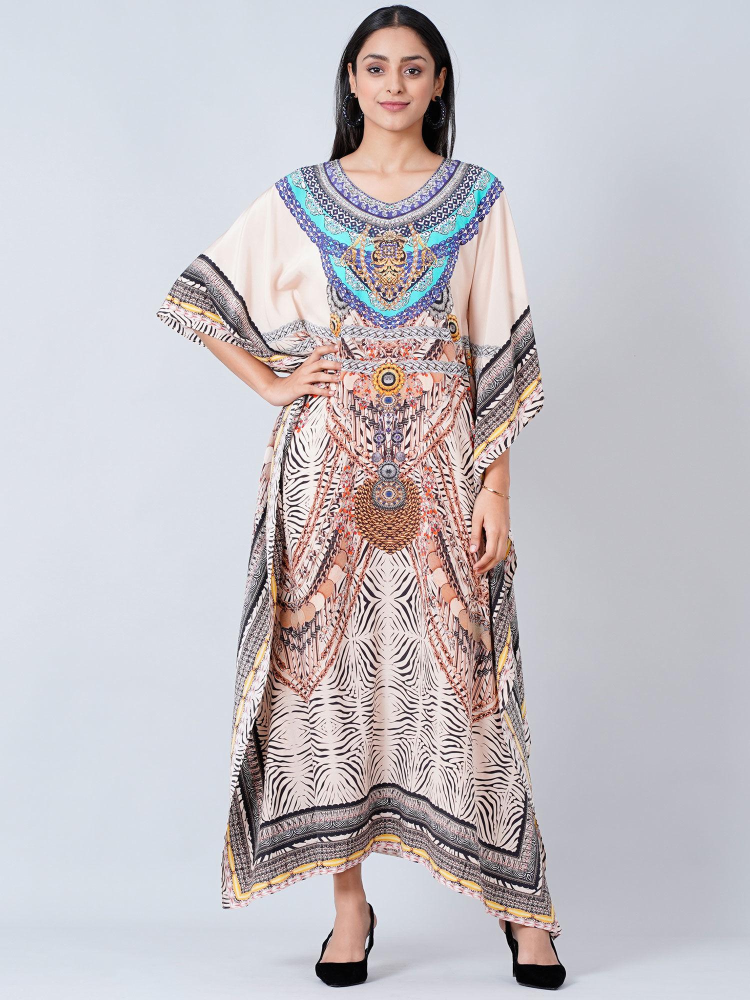 beige zebra print embellished silk full length kaftan