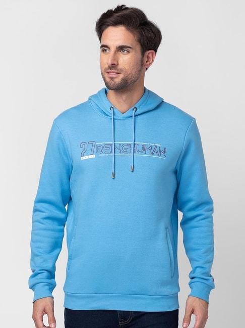being human blue regular fit printed hooded sweatshirt