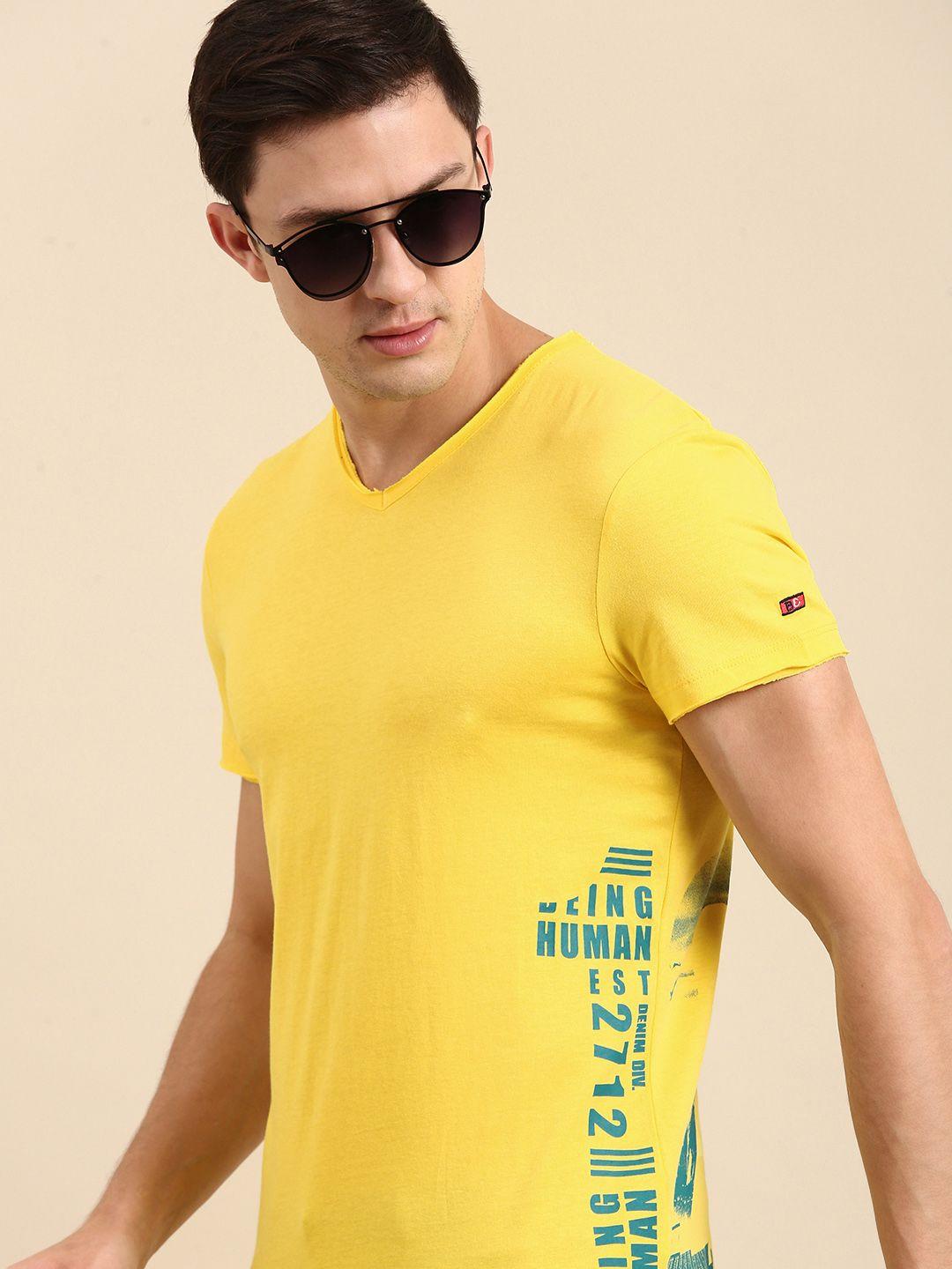 being human clothing men yellow typography printed v-neck raw edge t-shirt