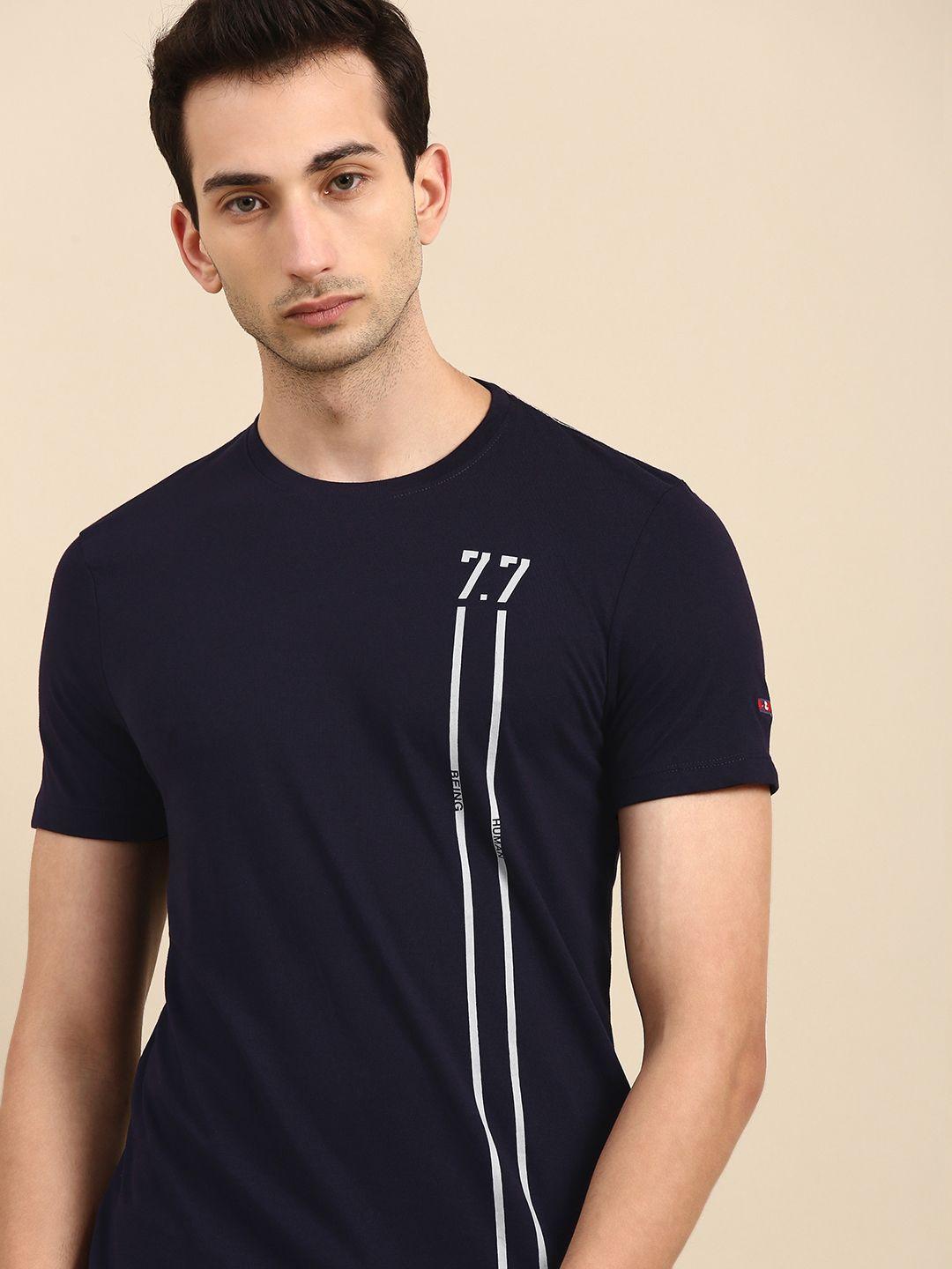 being human men navy blue  off-white striped pure cotton t-shirt