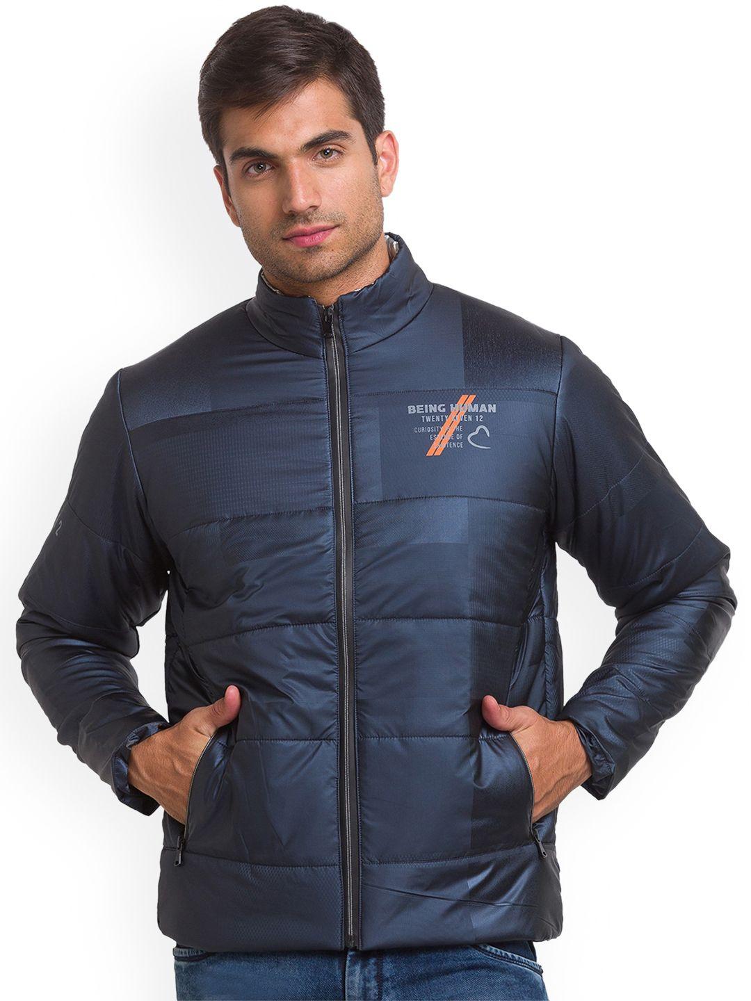 being human men navy blue solid padded jacket