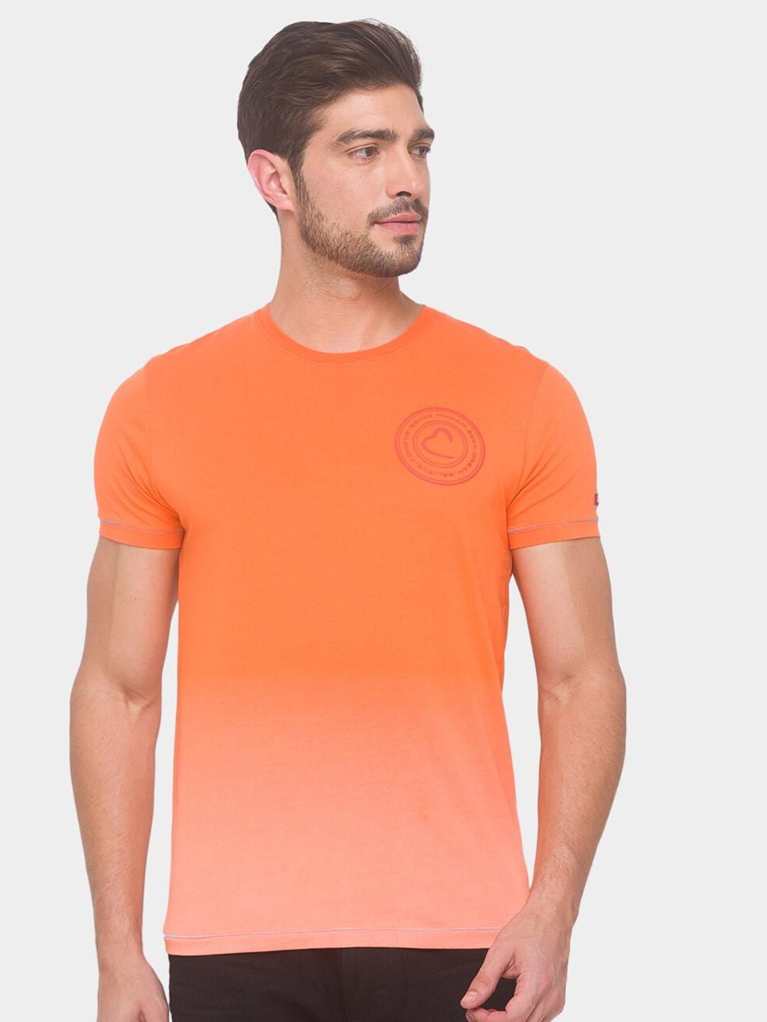 being human men orange pure cotton brand logo printed monochrome regular fit t-shirt