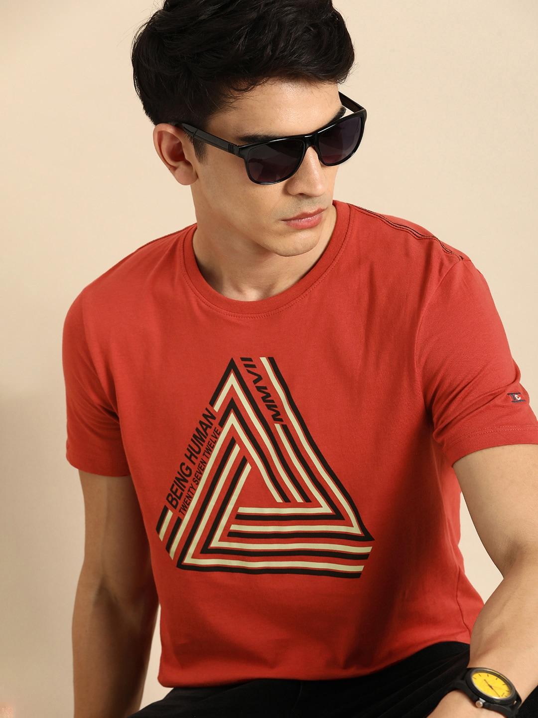 being human men red geometric printed pure cotton t-shirt