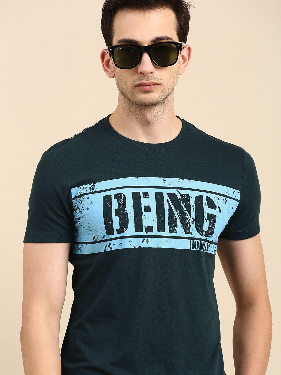 being human men teal green  blue typography printed pure cotton t-shirt