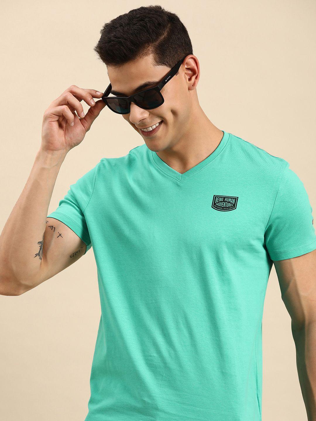 being human men turquoise blue v-neck pure cotton t-shirt