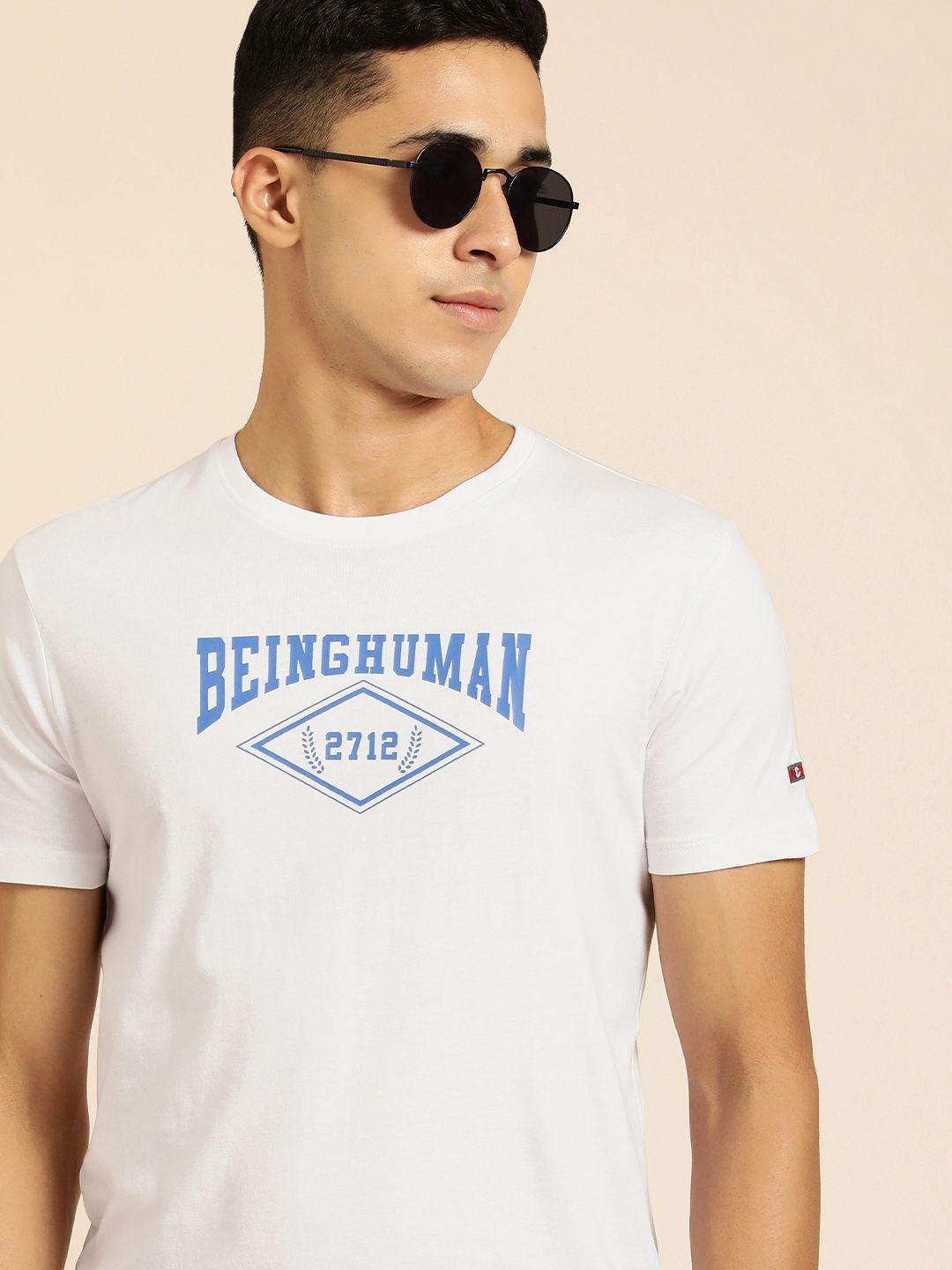 being human men white & blue typography printed pure cotton t-shirt