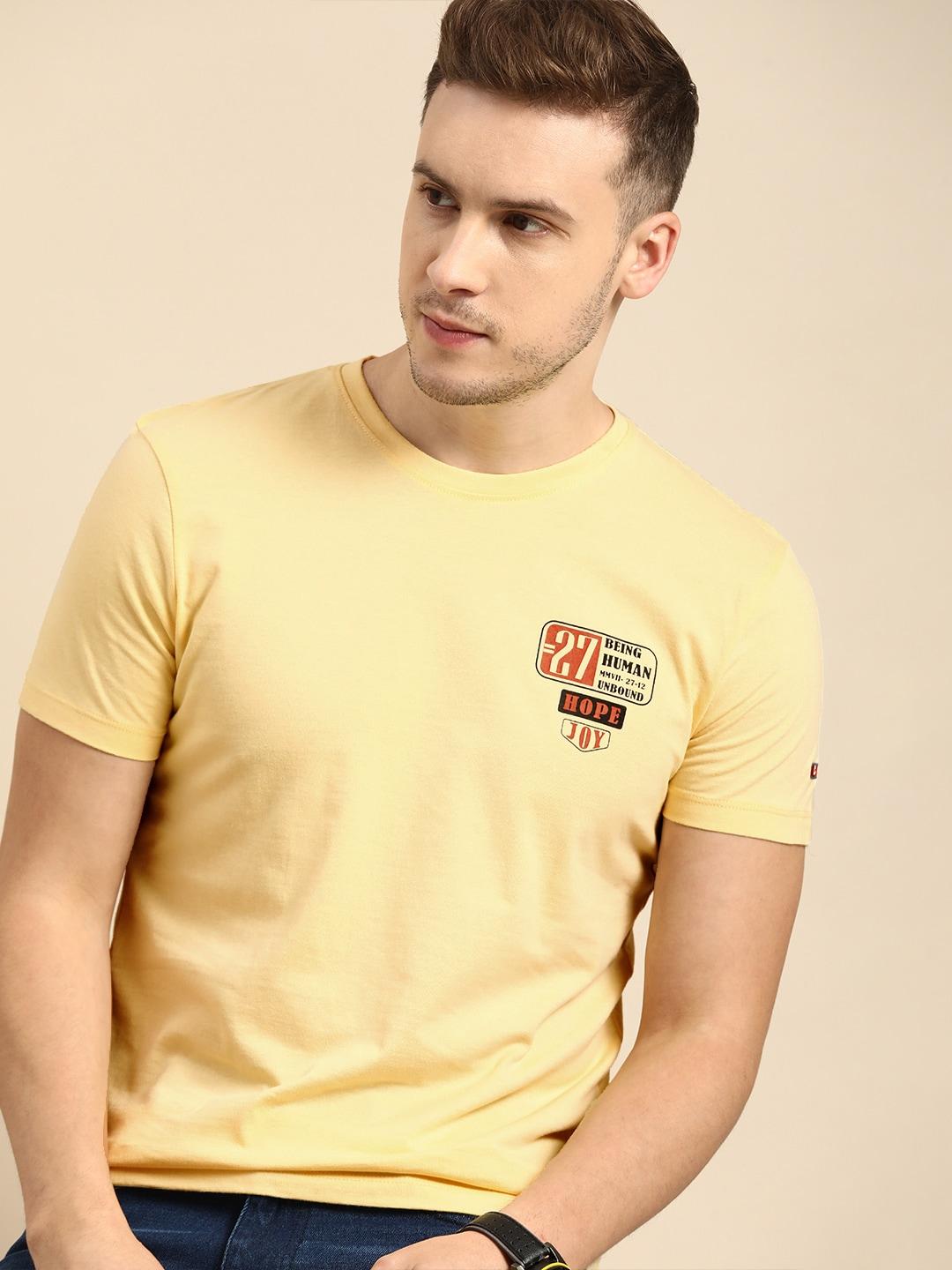 being human men yellow & black typography printed pure cotton  t-shirt