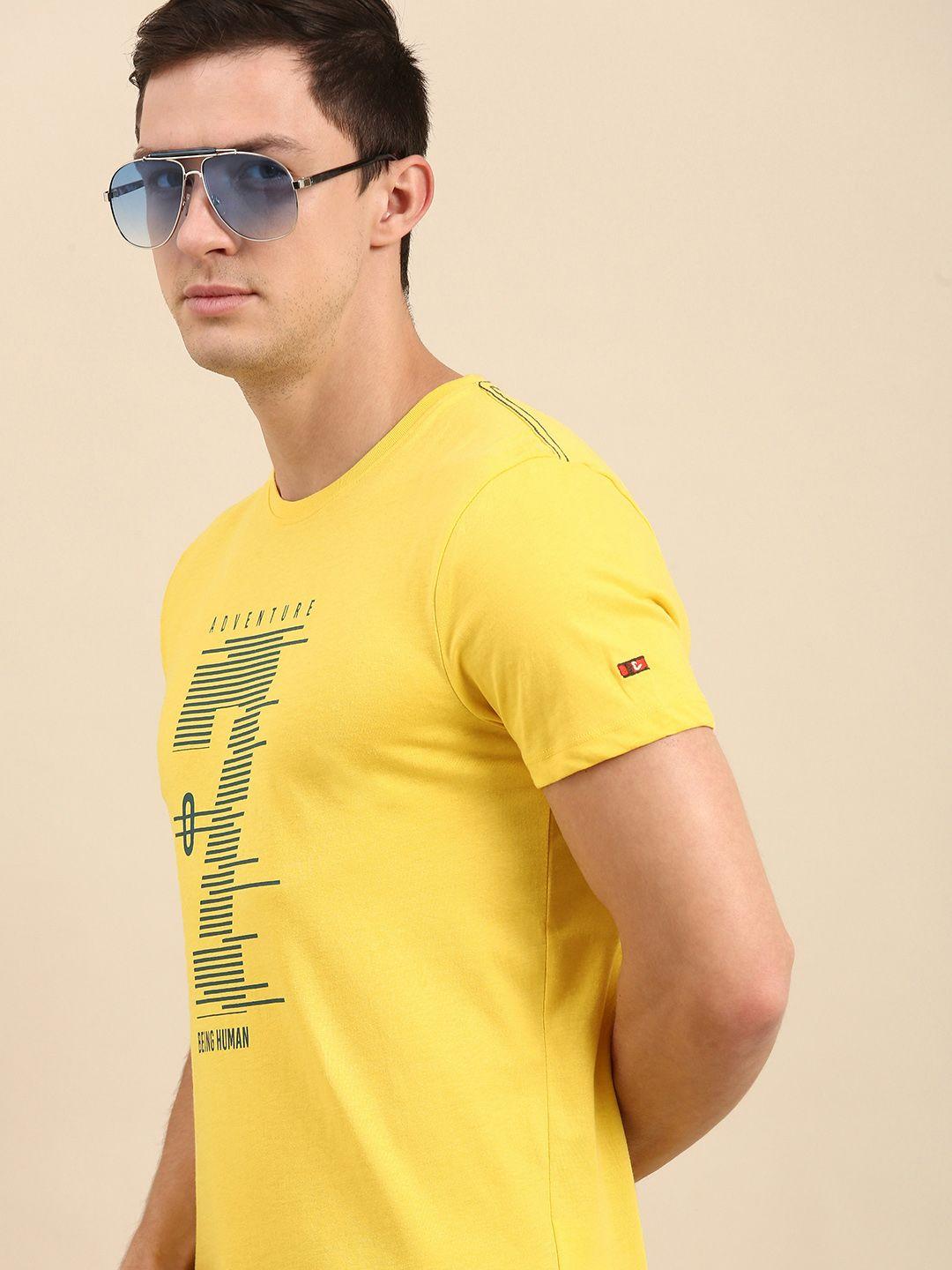 being human men yellow typography printed pure cotton t-shirt