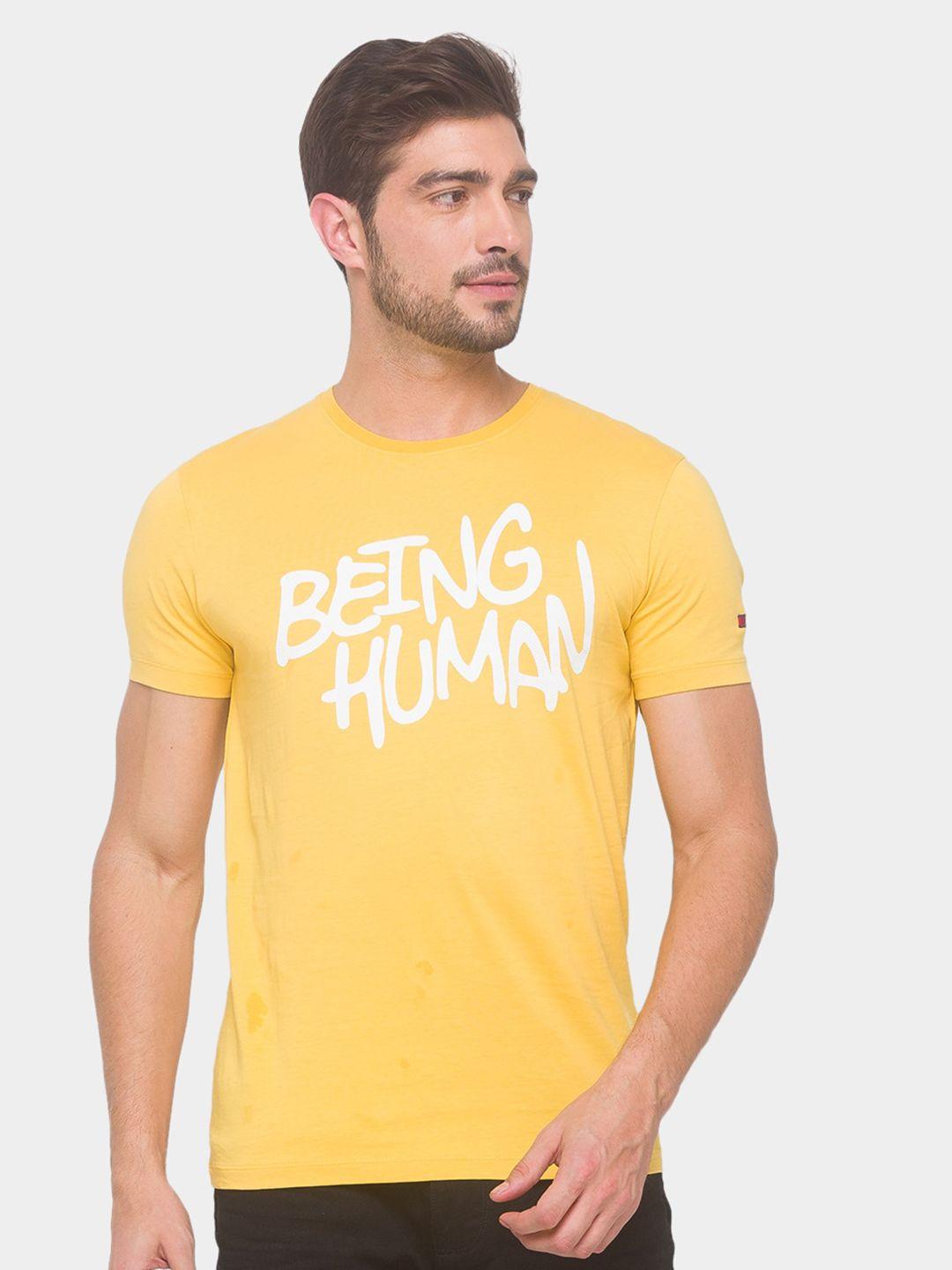 being human men yellow typography printed pure cotton t-shirt