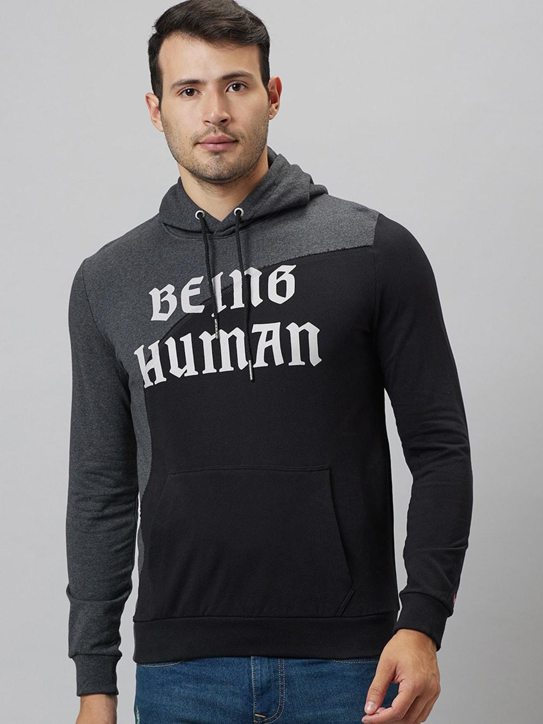 being human typography printed hooded long sleeve pullover sweatshirt