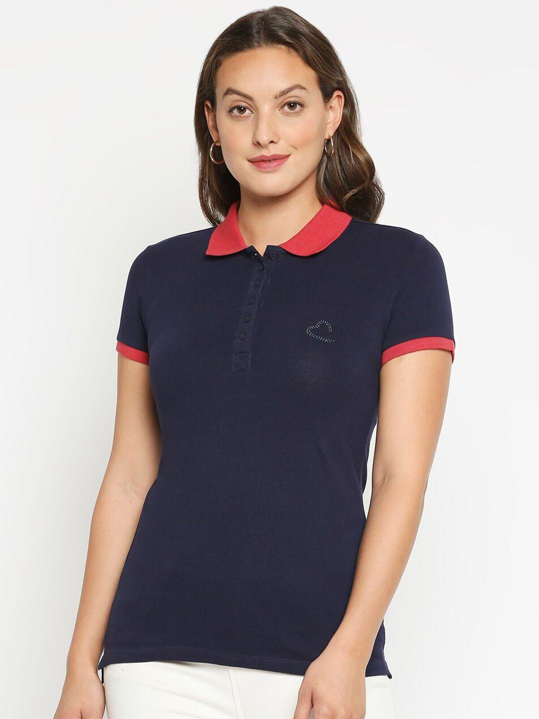 being human women navy blue & red polo collar t-shirt