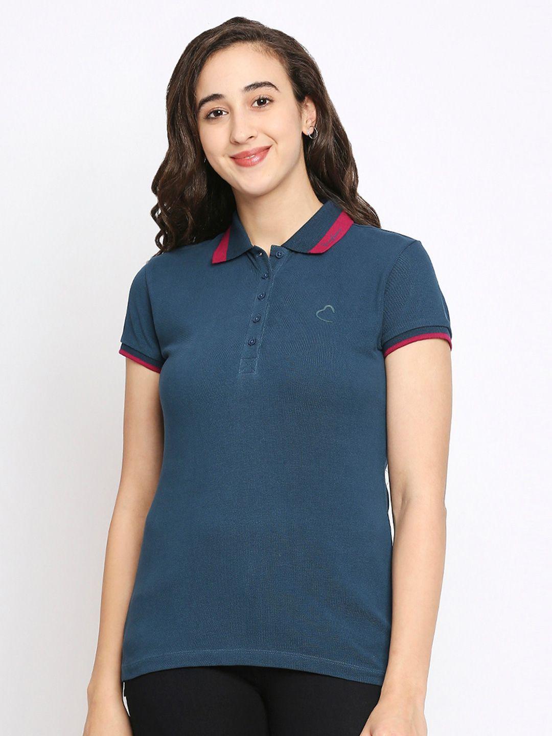 being human women navy blue solid polo collar t-shirt