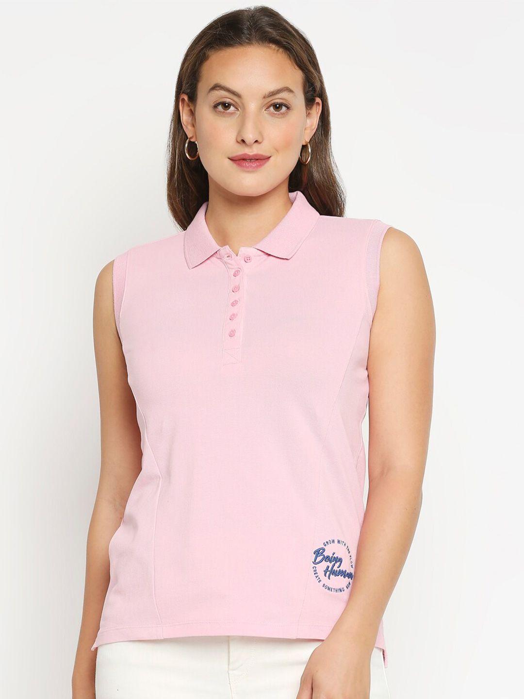being human women pink solid polo collar t-shirt