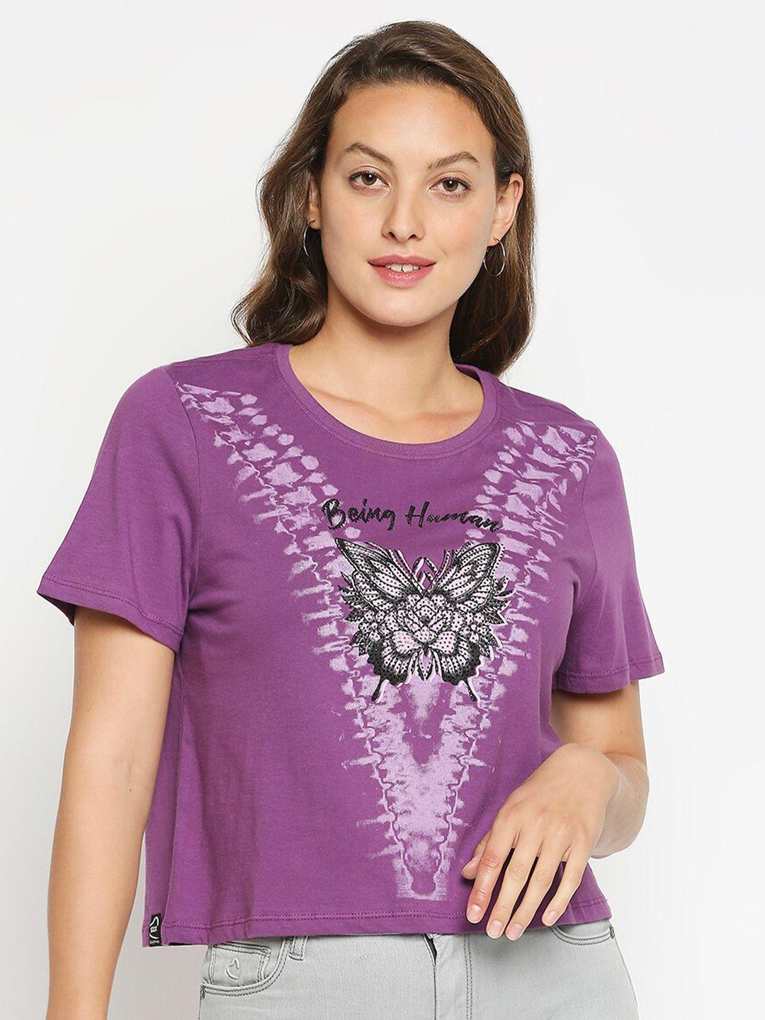 being human women purple & white printed pure cotton t-shirt