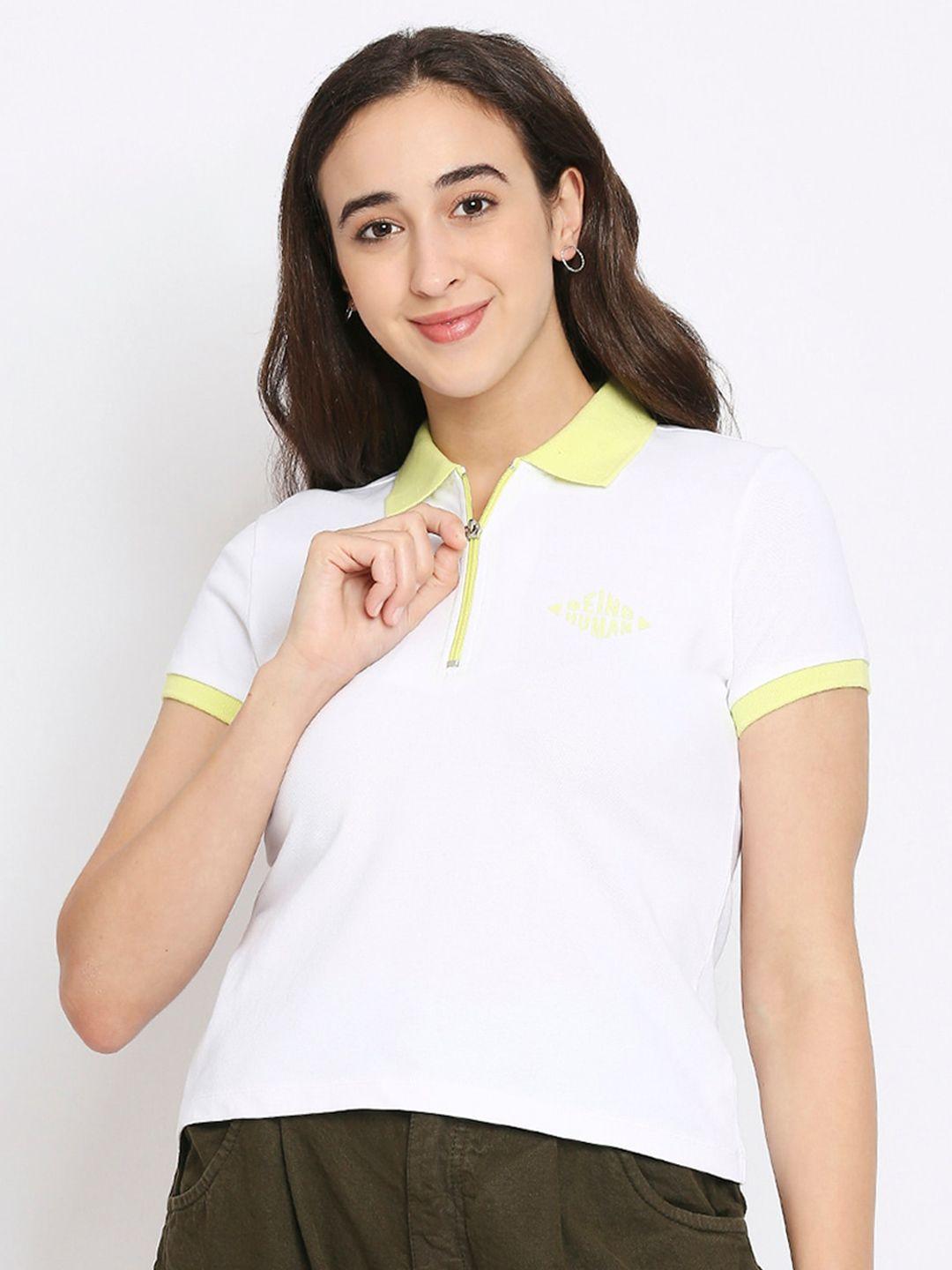being human women white & yellow solid polo collar  t-shirt