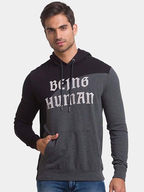 being human black & grey cotton regular fit printed hooded sweatshirts