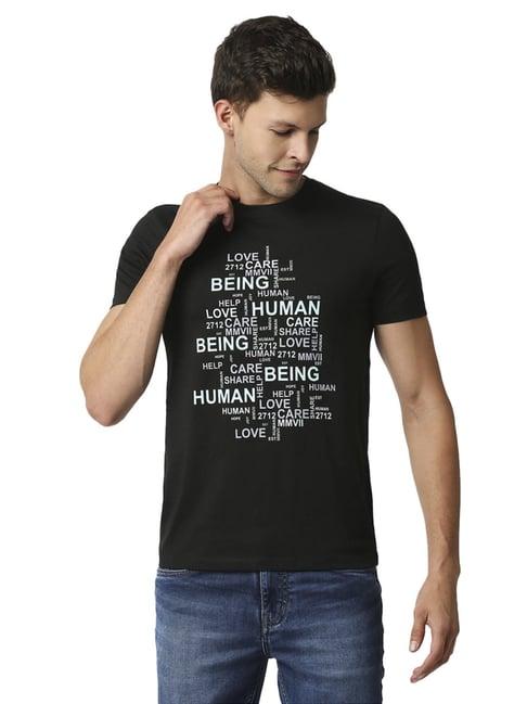 being human black cotton regular fit printed t-shirt