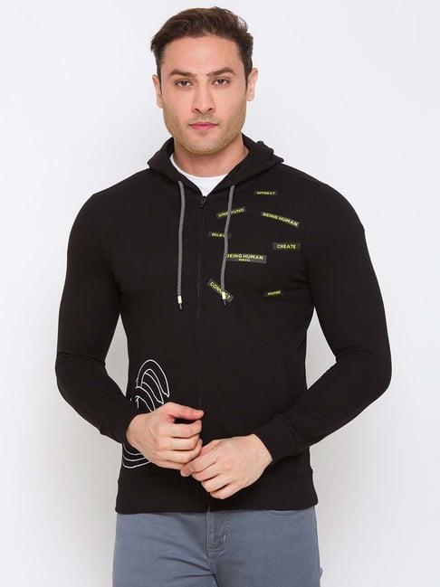 being human black regular fit printed hooded sweatshirt