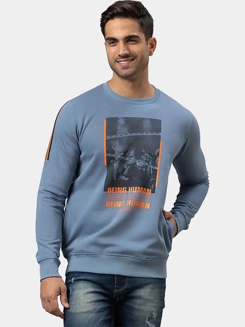 being human blue cotton regular fit printed sweatshirts