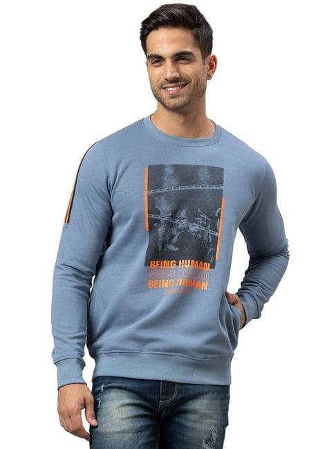 being human blue cotton regular fit printed sweatshirts