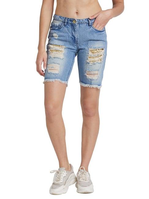 being human blue distressed mid rise denim shorts