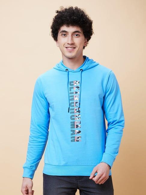 being human blue oversized printed hooded sweatshirt