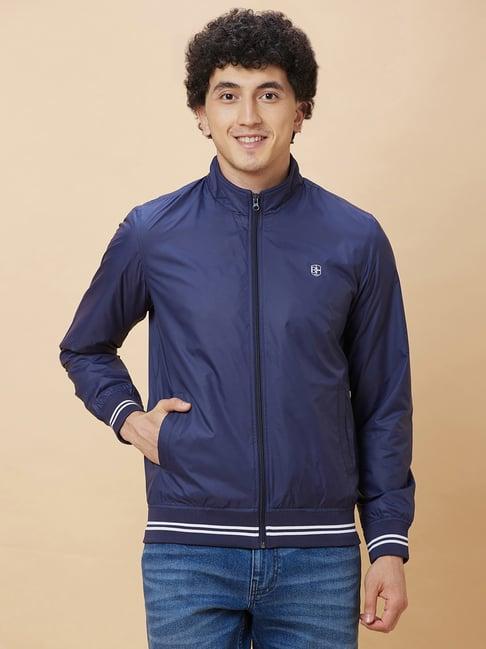 being human blue regular fit mock collar jacket