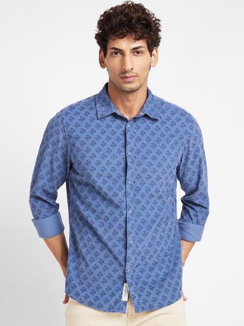 being human blue slim fit printed shirt