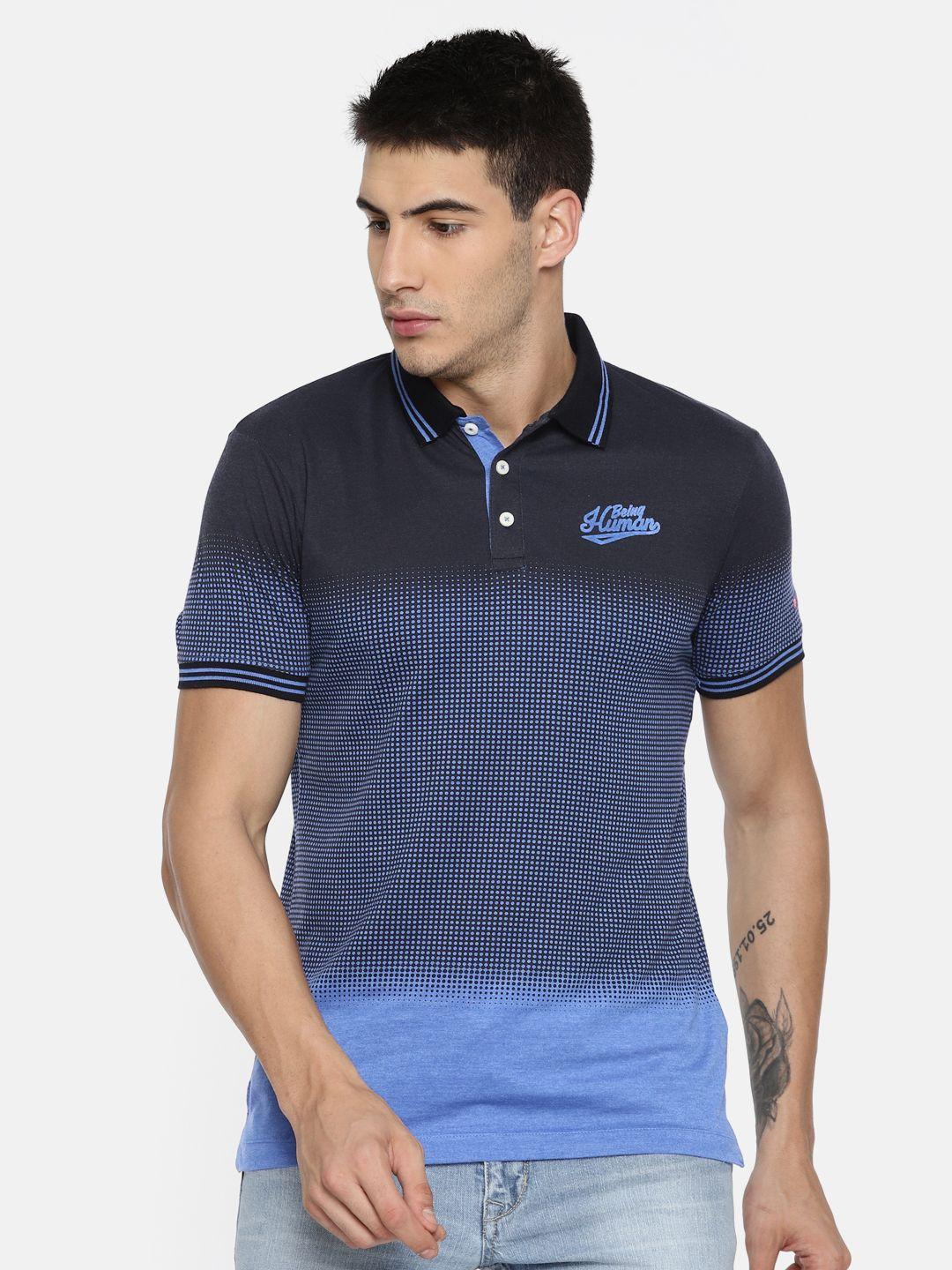 being human clothing men blue printed polo collar t-shirt
