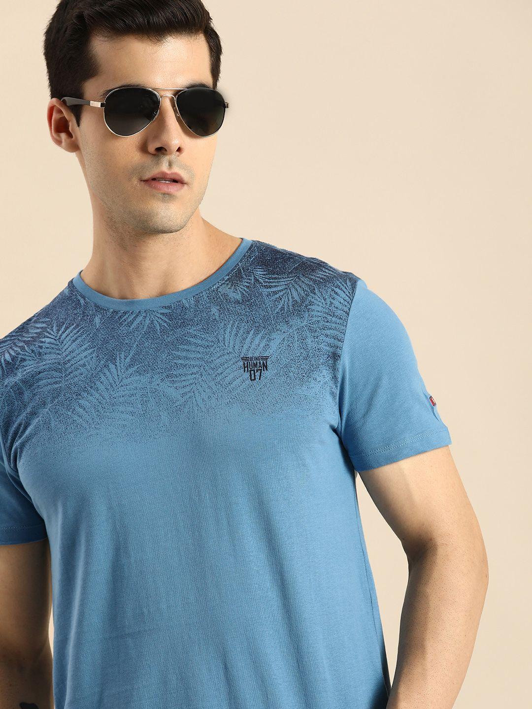 being human clothing men blue tropical printed pure cotton t-shirt