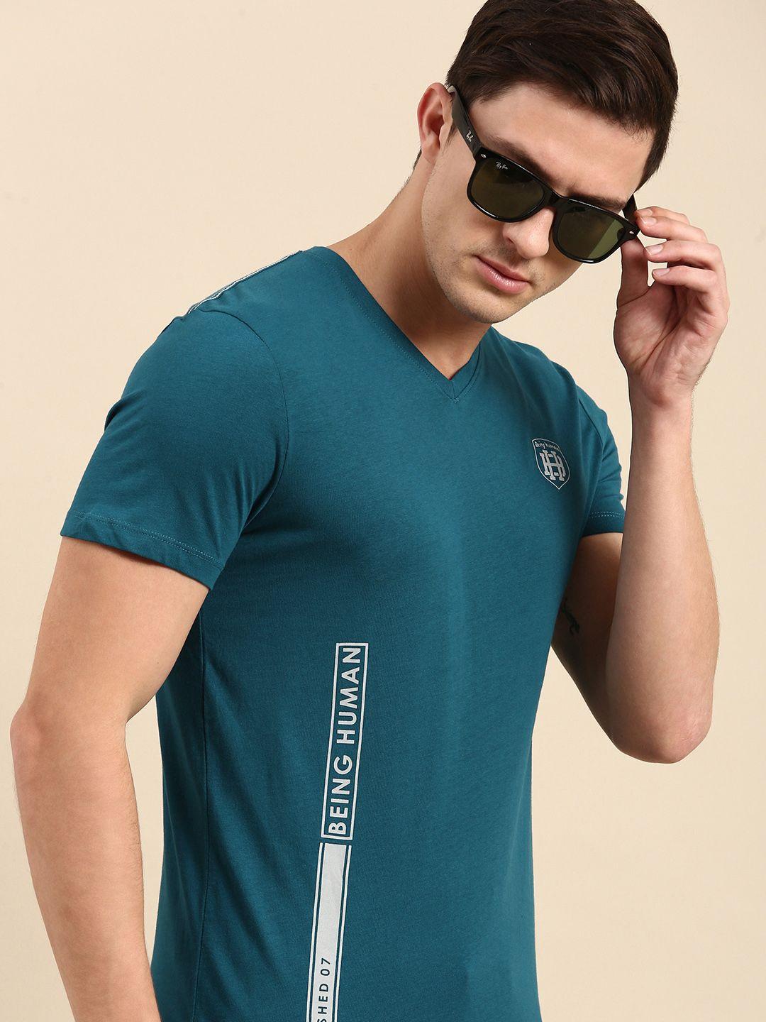 being human clothing men blue typography printed v-neck t-shirt