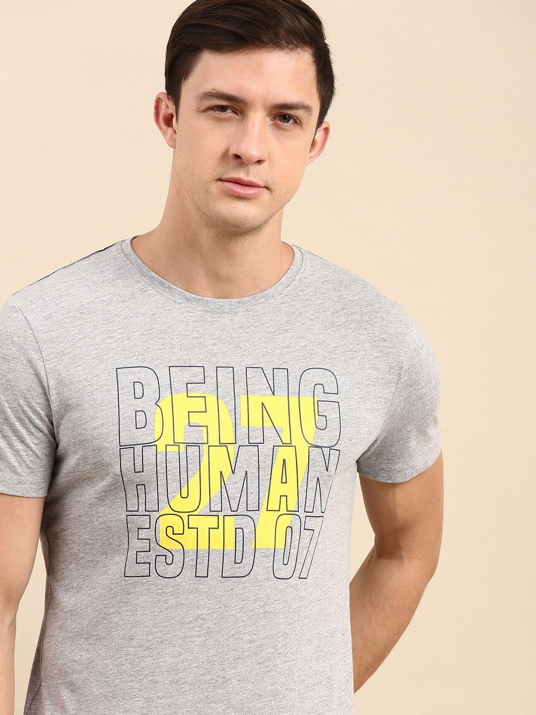 being human clothing men grey melange brand logo printed round neck t-shirt