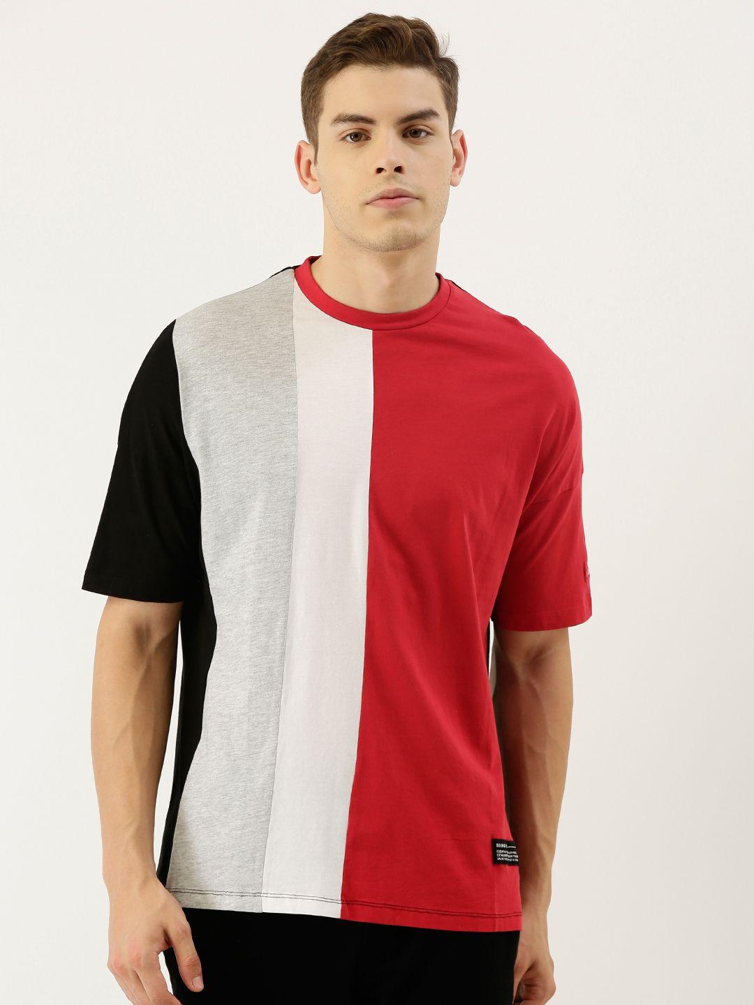 being human clothing men red & black colourblocked round neck t-shirt