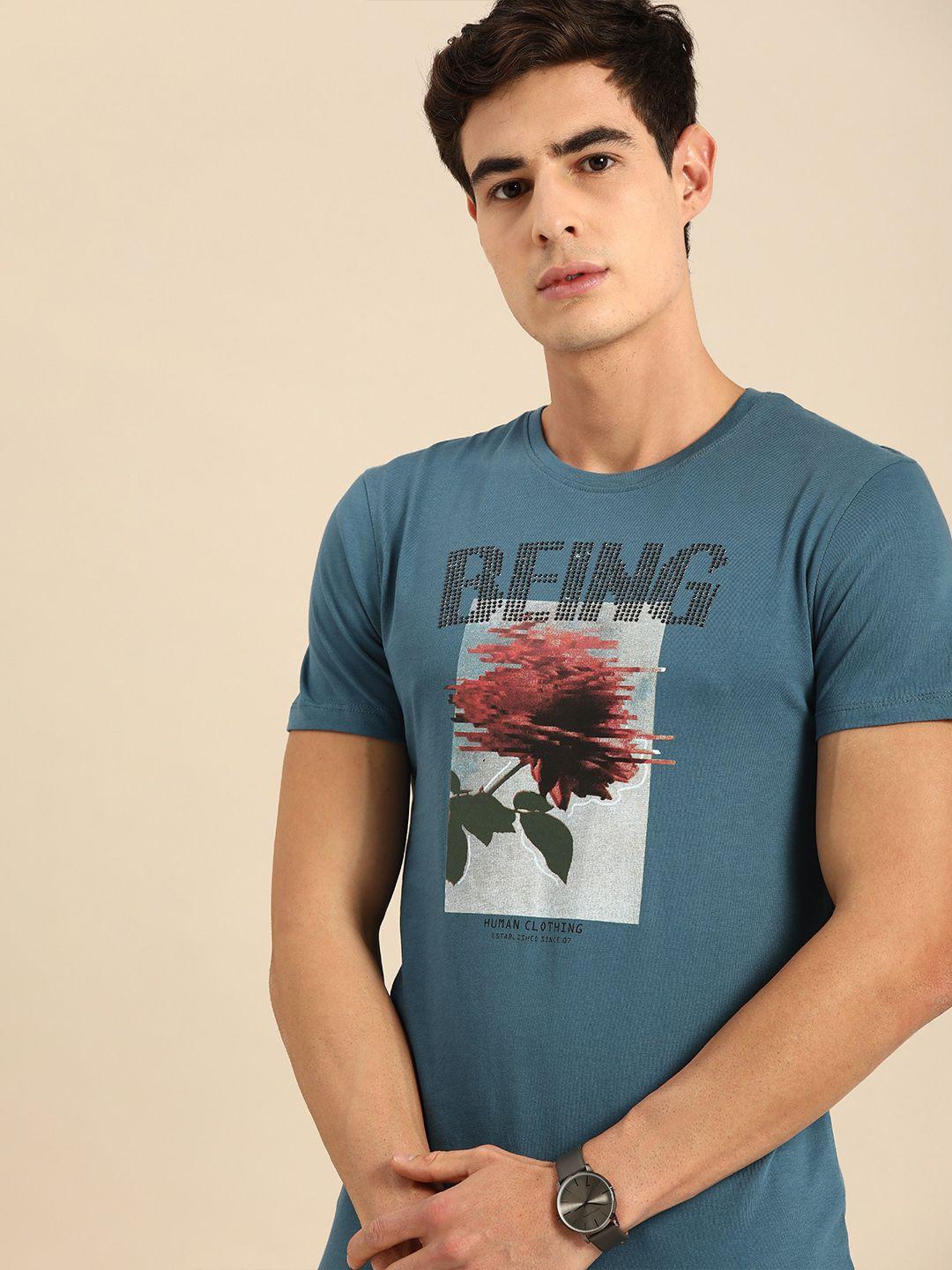 being human clothing men teal blue logo printed round neck pure cotton t-shirt