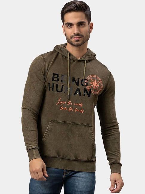 being human dark olive cotton regular fit printed hooded sweatshirts