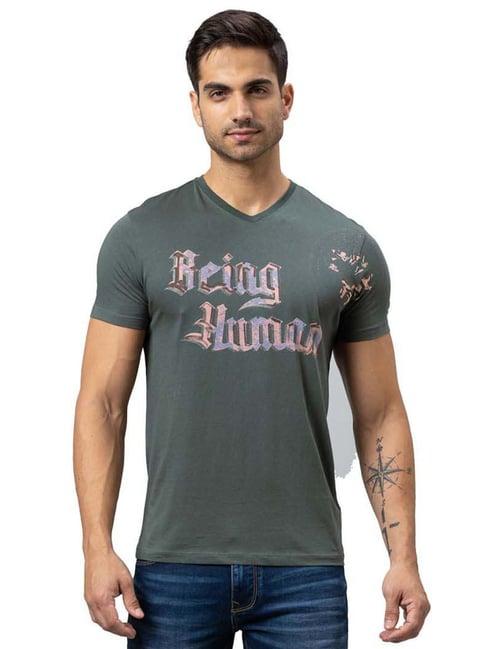 being human forest green cotton slim fit printed t-shirt