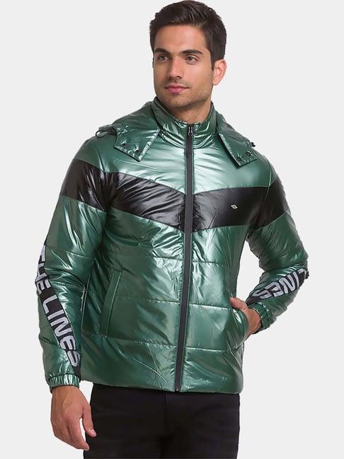 being human green regular fit striped hooded jackets