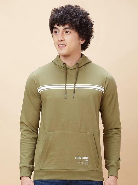 being human green regular fit striped hooded sweatshirt