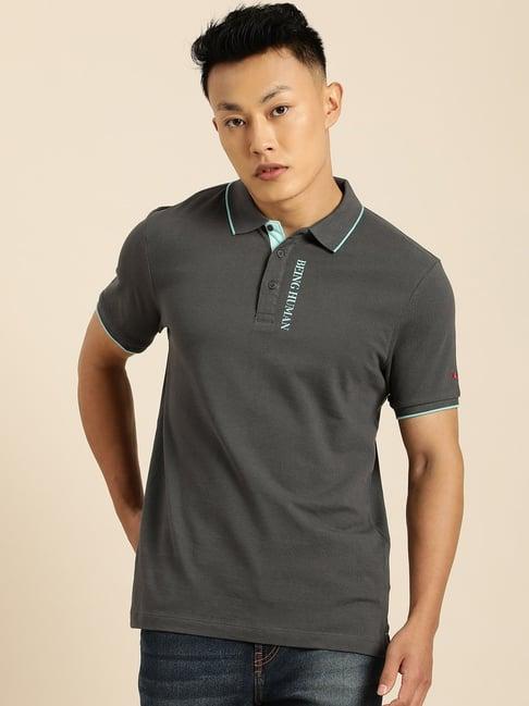 being human grey cotton regular fit polo t-shirt