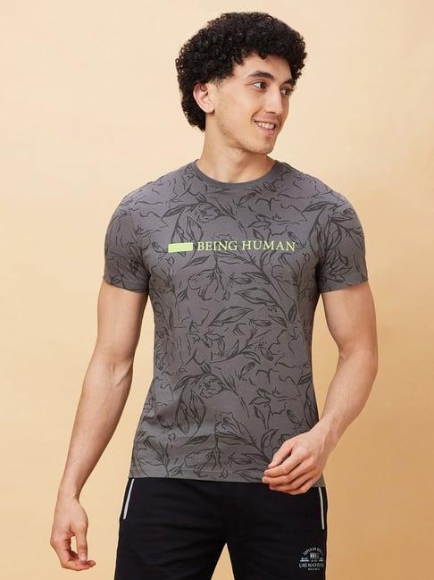 being human grey regular fit floral print crew t-shirt