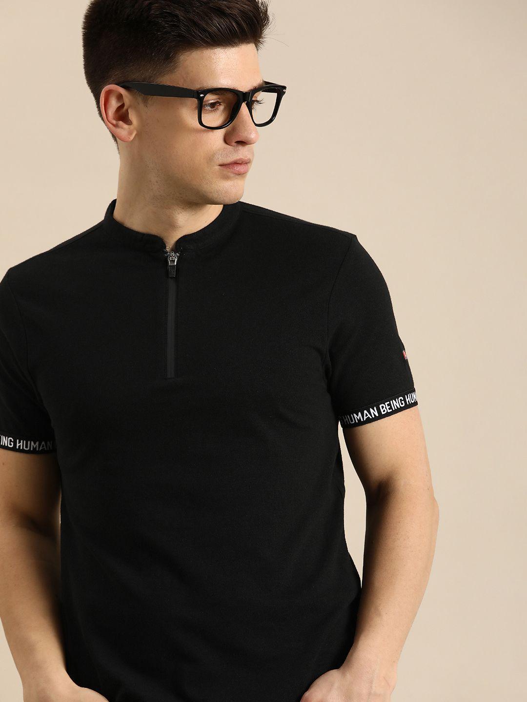 being human men black solid henley neck pure cotton t-shirt