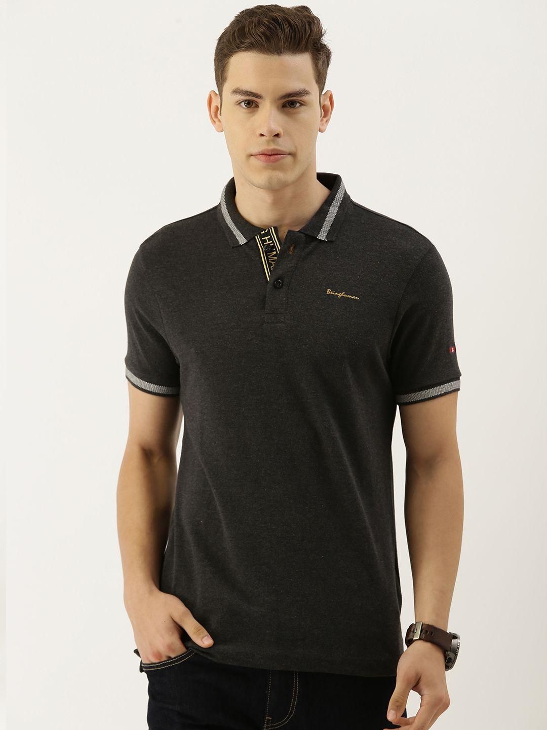being human men black solid polo collar t-shirt
