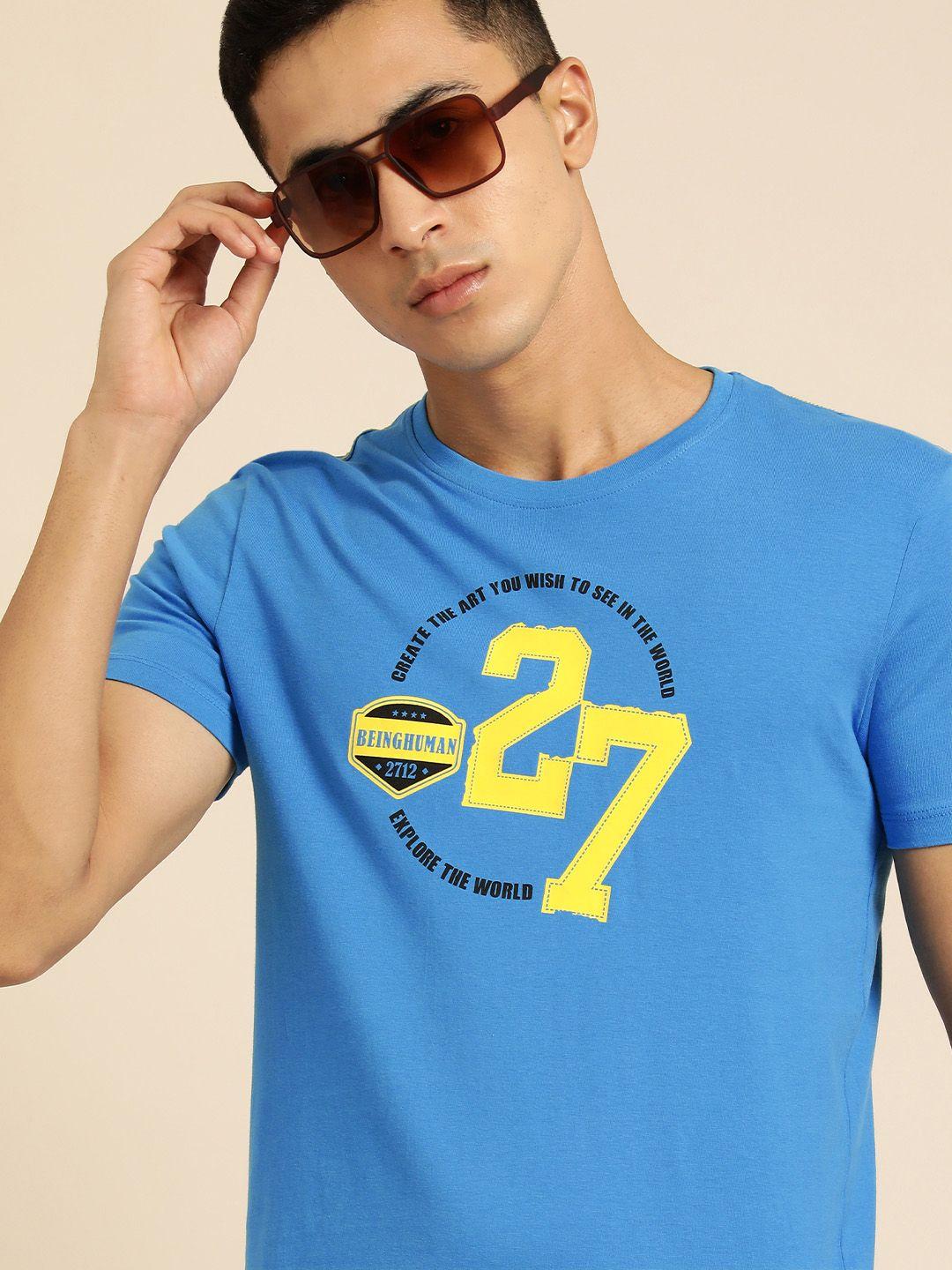 being human men blue & yellow typography printed pure cotton t-shirt